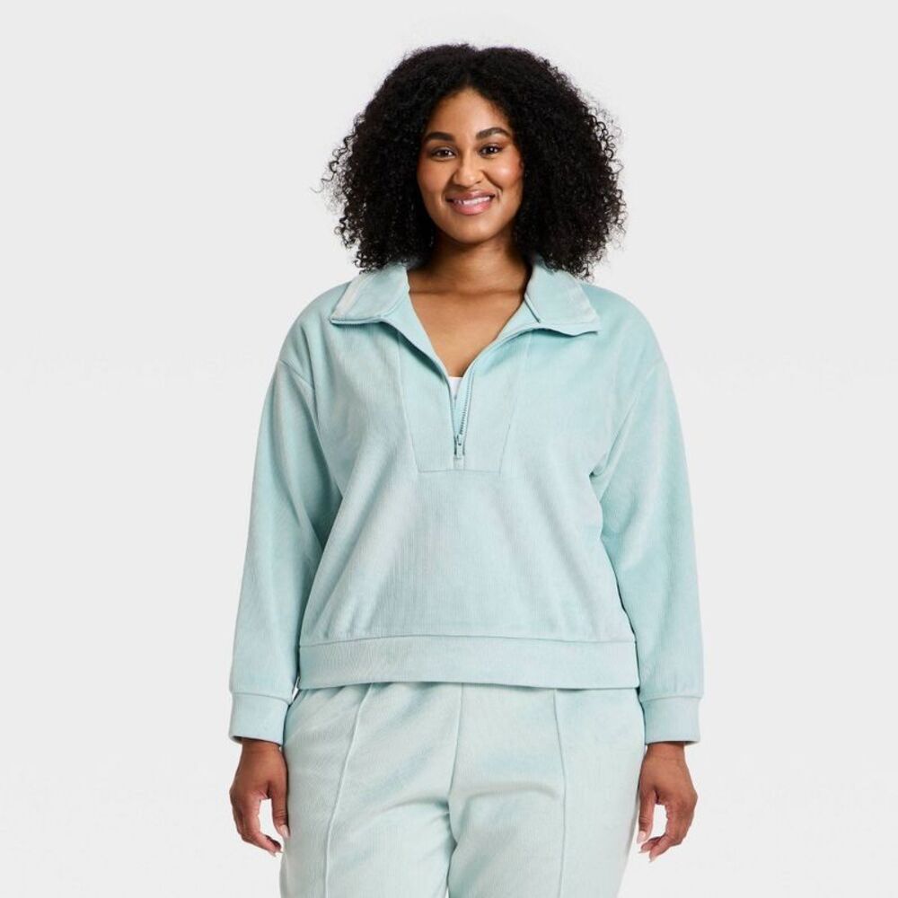 Women's Velour Ribbed 1/2 Zip Sweatshirt - All In Motion Light Aqua Blue M